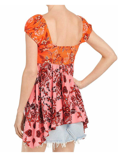 FREE PEOPLE Womens Pink Lace Floral Cap Sleeve V Neck Baby Doll Top XS