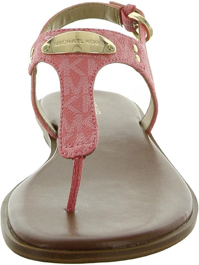 MICHAEL KORS Womens Pink Logo Comfort Metallic T-Strap Plate Round Toe Block Heel Buckle Thong Sandals Shoes 7.5 M