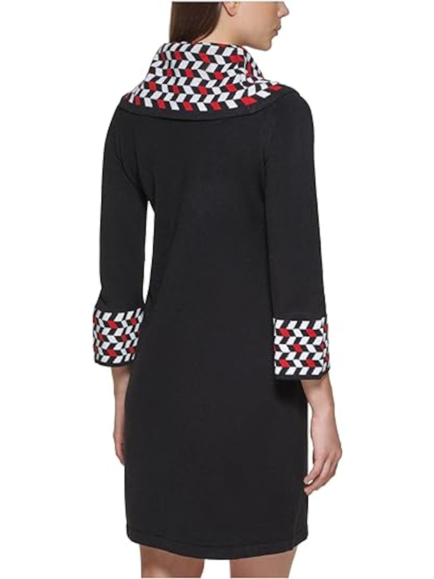 JESSICA HOWARD Womens Black Knit Unlined Faux Pockets Geometric 3/4 Sleeve Cowl Neck Above The Knee Wear To Work Sweater Dress Petites PL