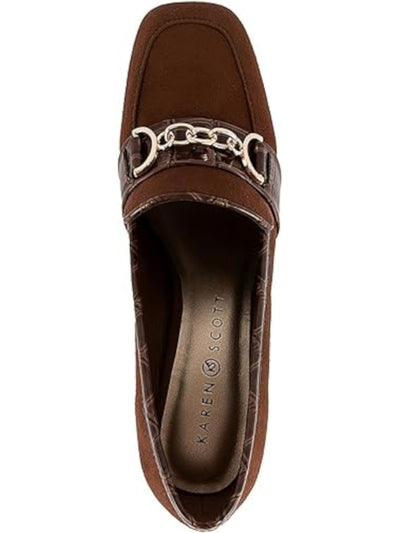 KAREN SCOTT Womens Brown Mixed Media Chain Accent Croc Padded Qwynn Square Toe Block Heel Slip On Dress Heeled Loafers 5.5