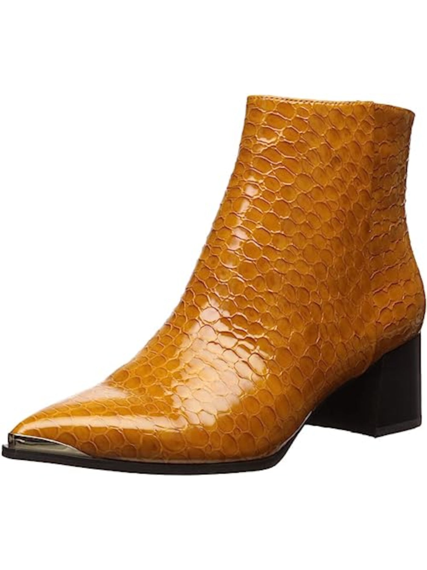 KENNETH COLE Womens Sunset Brown Reptile Embossed Metallic Rand Cushioned New York Roanne Pointed Toe Stacked Heel Zip-Up Leather Booties 6.5