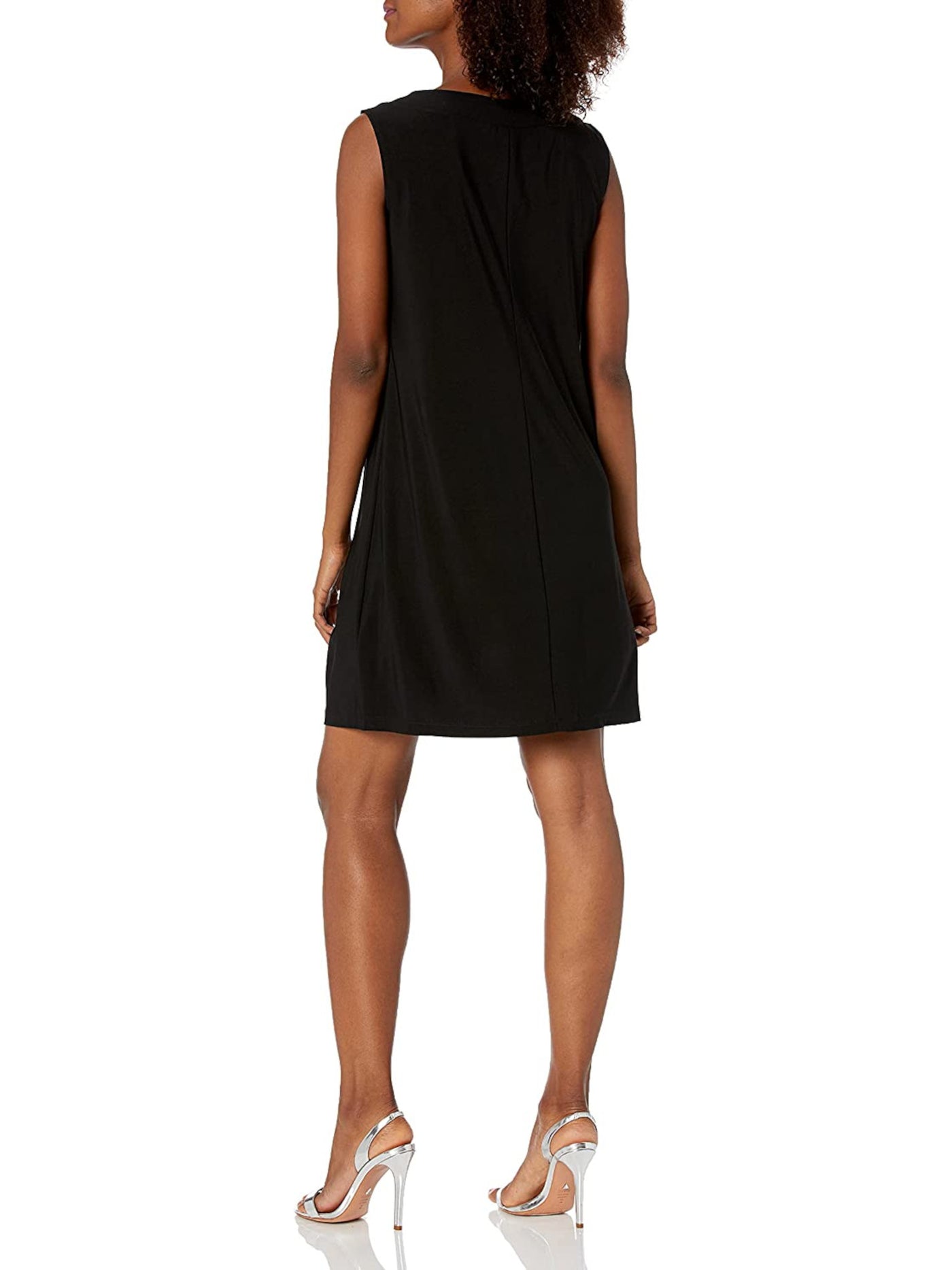 R&M RICHARDS PETITE Womens Black Embellished Open Front 3/4 Sleeve Jacket Sleeveless Scoop Neck Short Wear To Work Shift Dress Petites 4P