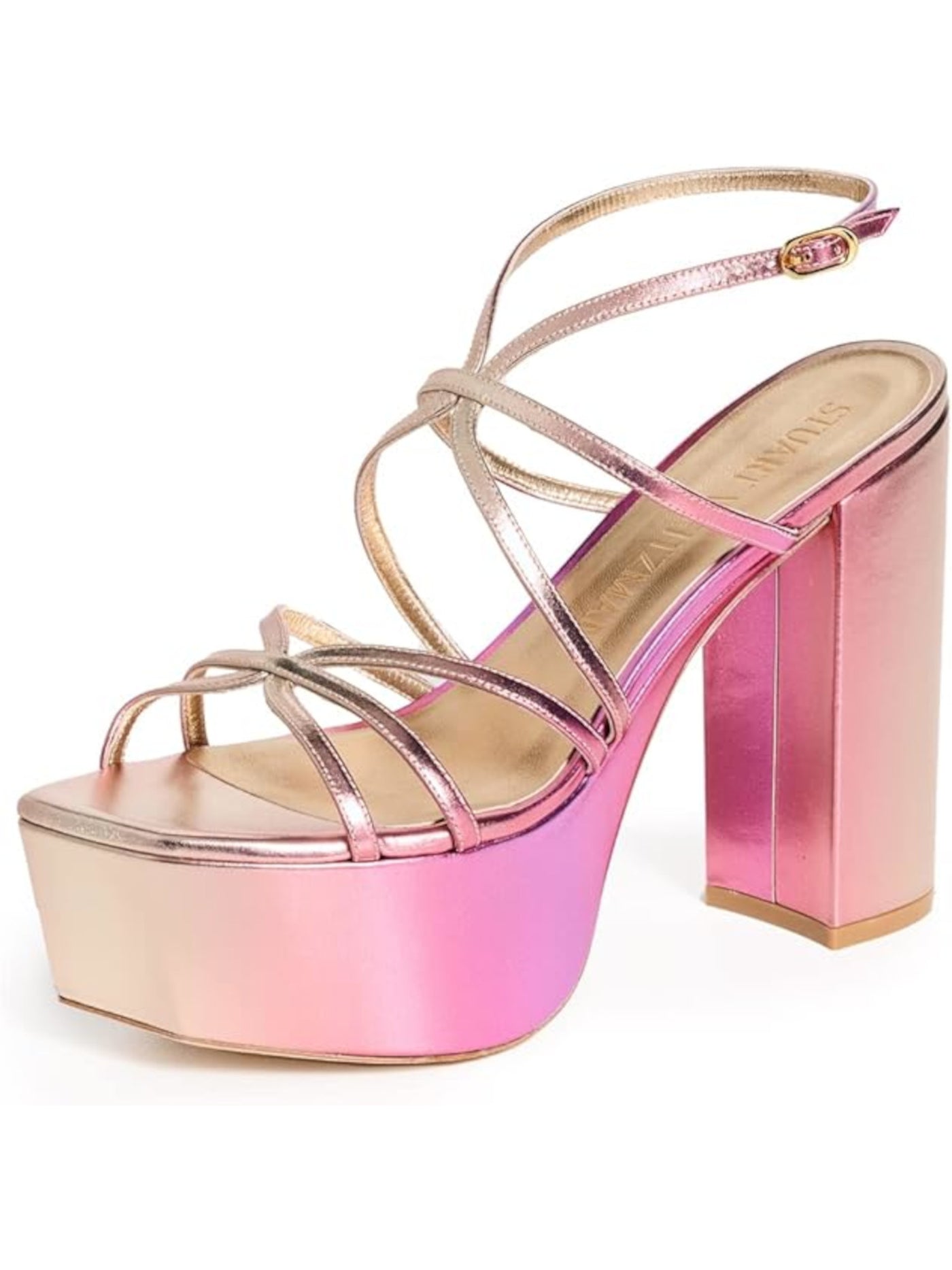 STUART WEITZMAN Womens Pink 3" Platform Metallic Adjustable Barelythere Open Toe Block Heel Buckle Leather Dress Heeled Sandal 7 B