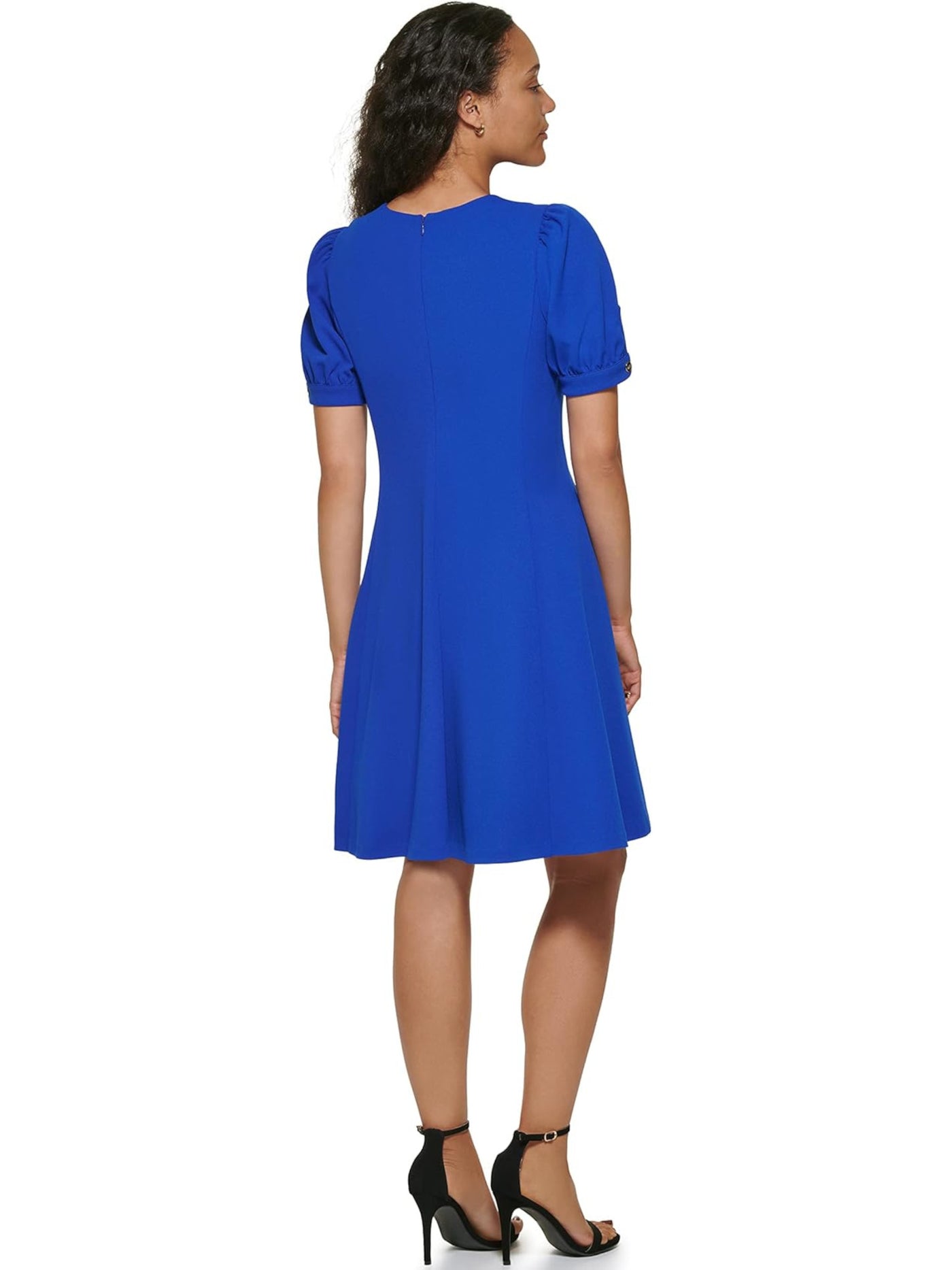 DKNY Womens Blue Zippered Button Trimmed Cuffs Short Sleeve Jewel Neck Above The Knee Wear To Work Fit + Flare Dress 10