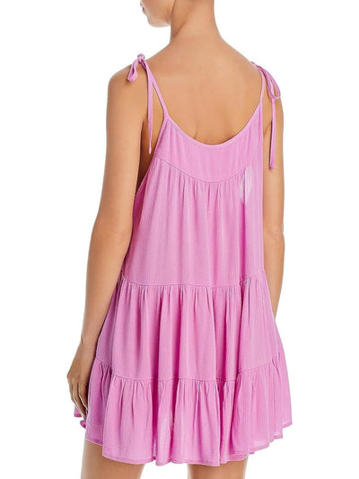 AQUA SWIM Women's Pink Textured Tie Tiered Scoop Neck Swimsuit Cover Up M