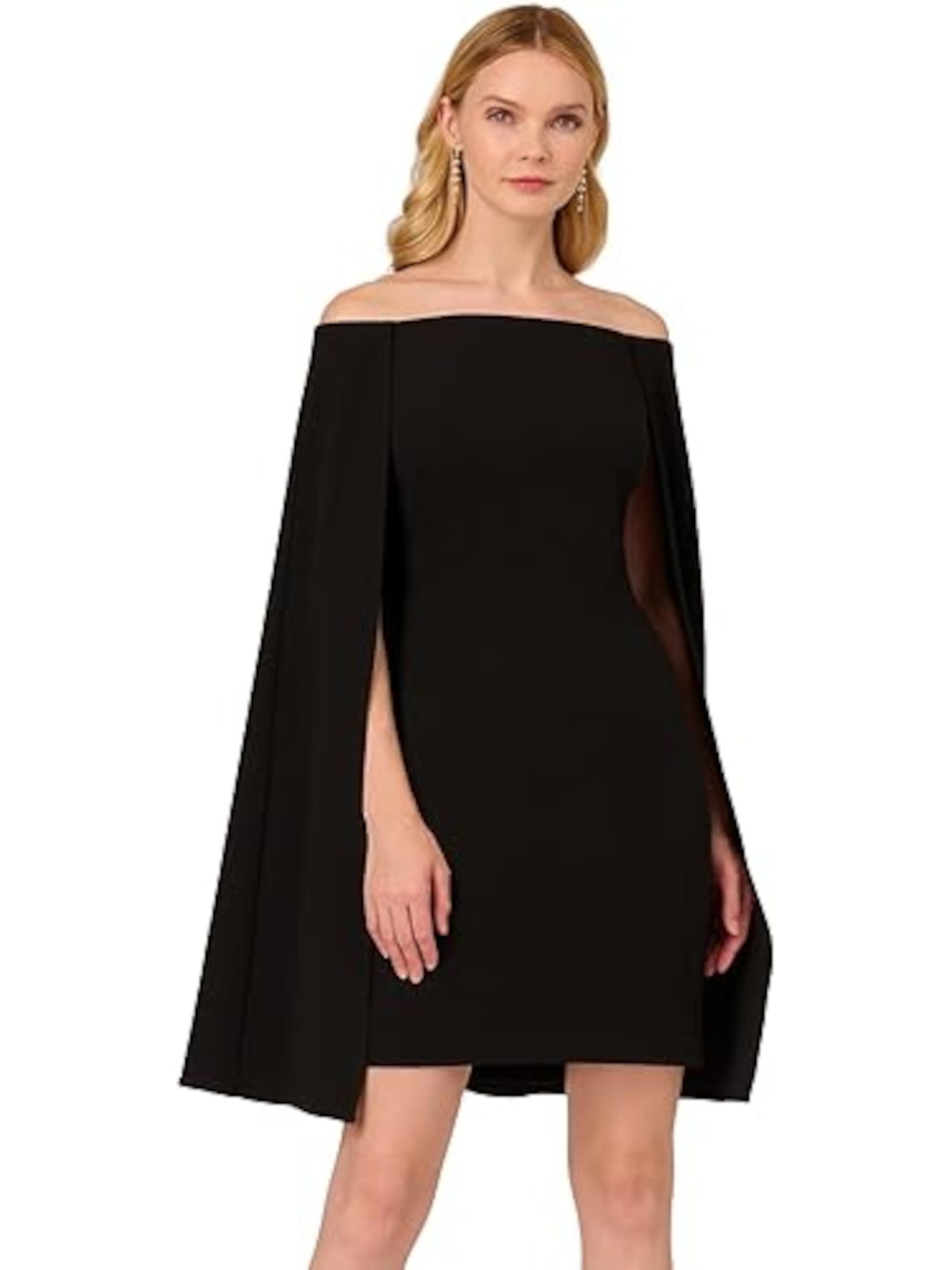 ADRIANNA PAPELL Womens Black Zippered Lined Attached Cape Sleeveless Off Shoulder Above The Knee Party Sheath Dress 2