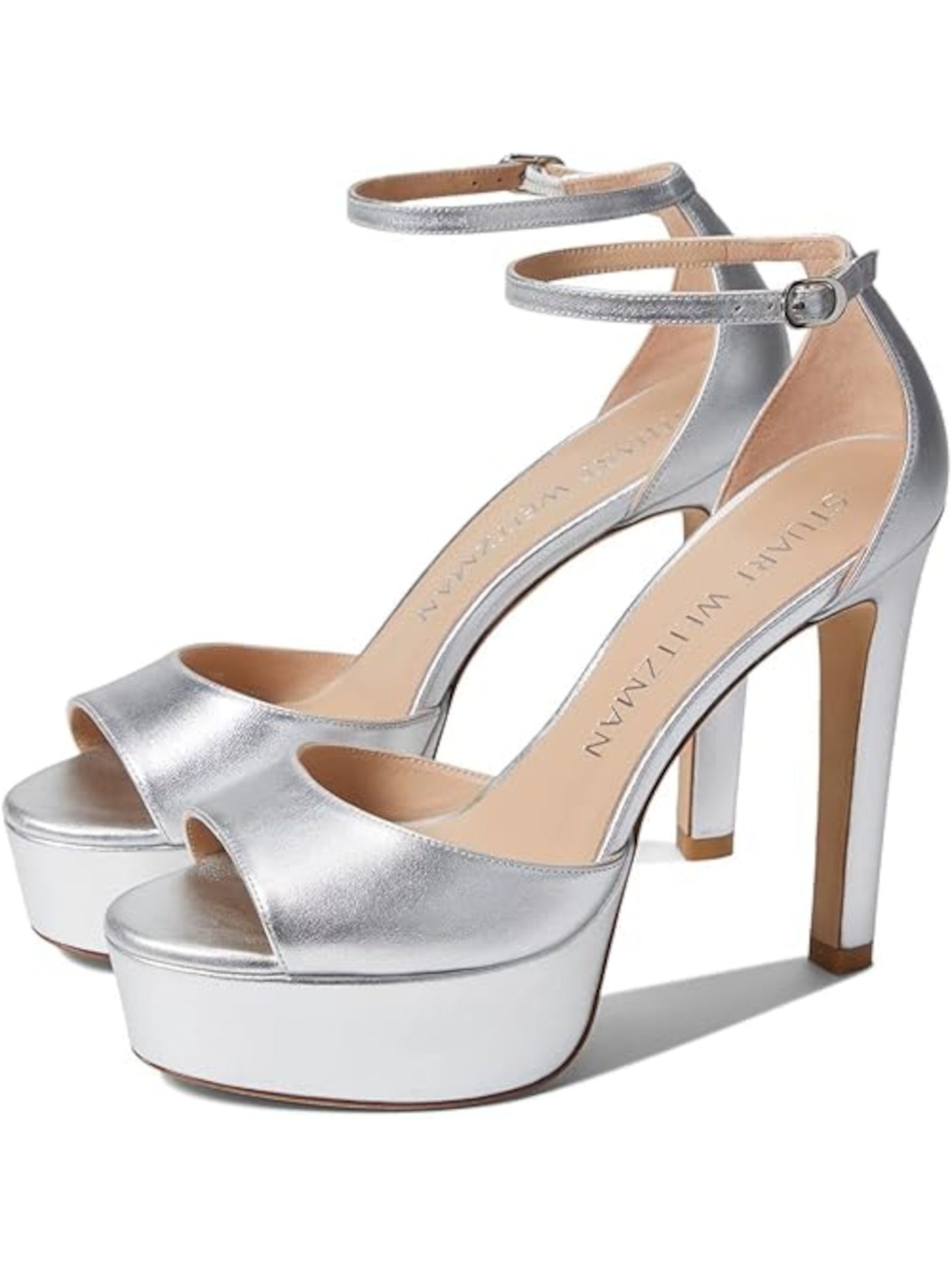 STUART WEITZMAN Womens Silver 1-1/2" Platform Padded Ankle Strap Metallic Disco Open Toe Block Heel Buckle Leather Dress Heeled Sandal 9 M