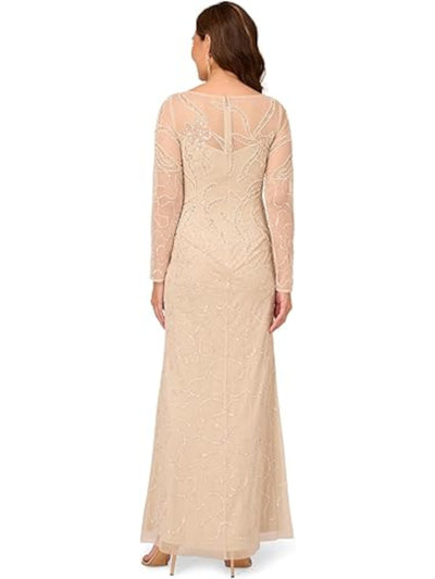 PAPELL STUDIO Womens Beige Beaded Zippered Lined Long Sleeve Boat Neck Full-Length Formal Gown Dress 6