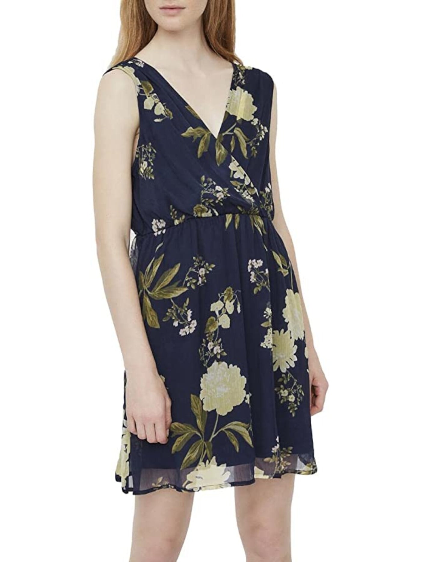 VERO MODA Womens Blue Stretch Sheer Lined Floral Sleeveless Surplice Neckline Above The Knee Evening Fit + Flare Dress XS