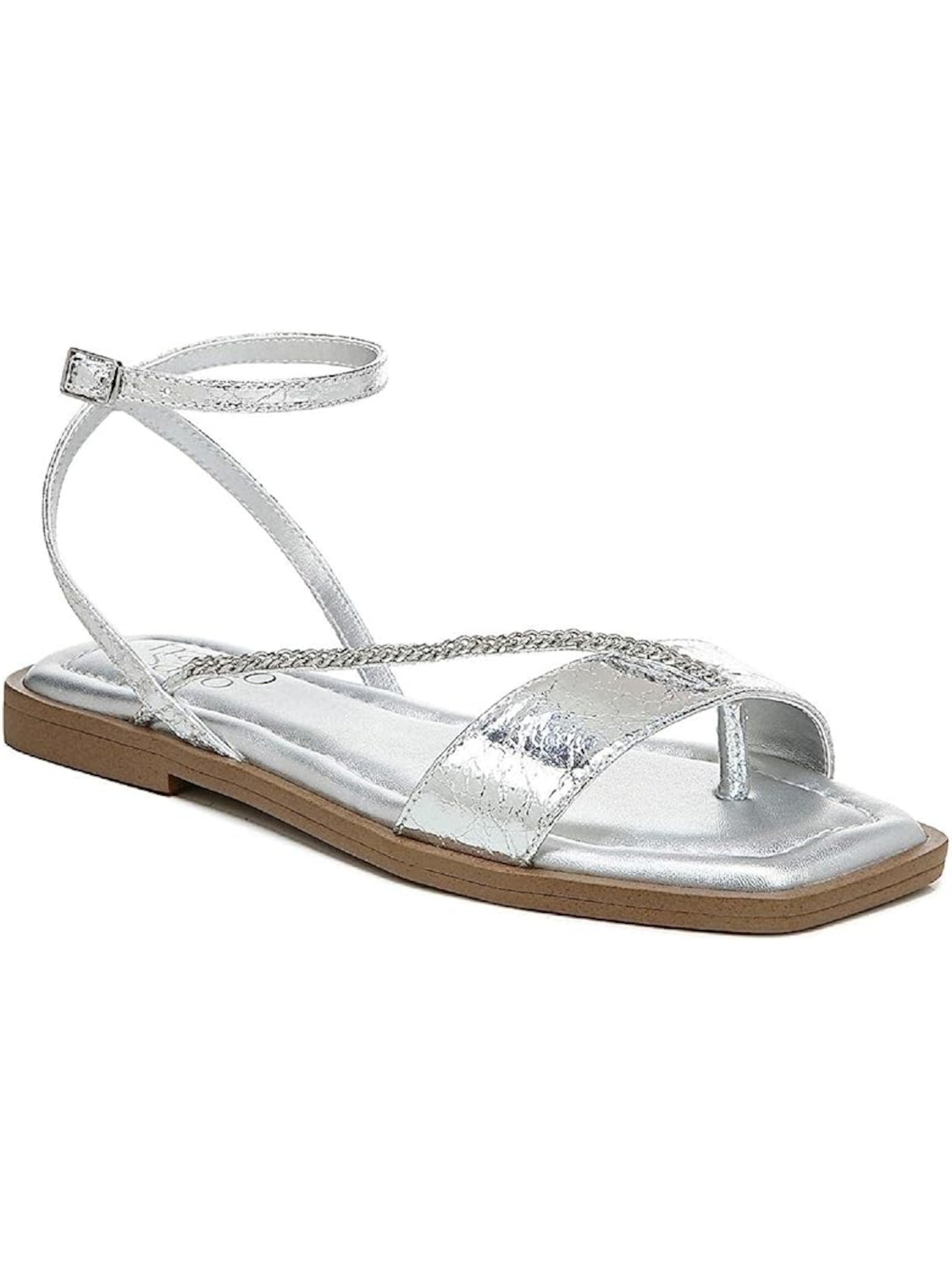 FRANCO SARTO Womens Silver Crinkle Chain Padded Asymmetrical Ankle Strap Mela Square Toe Buckle Thong Sandals Shoes 9.5 M