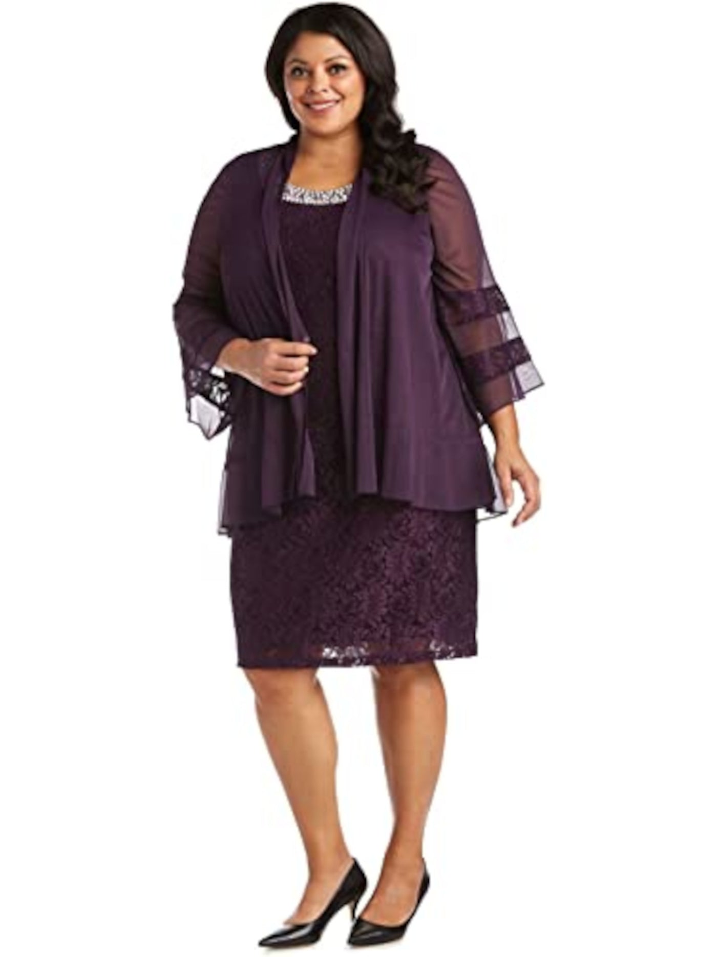 R&M RICHARDS Womens Purple Sheer Open Front Long Bell Sleeves Lace Bands Wear To Work Jacket 14