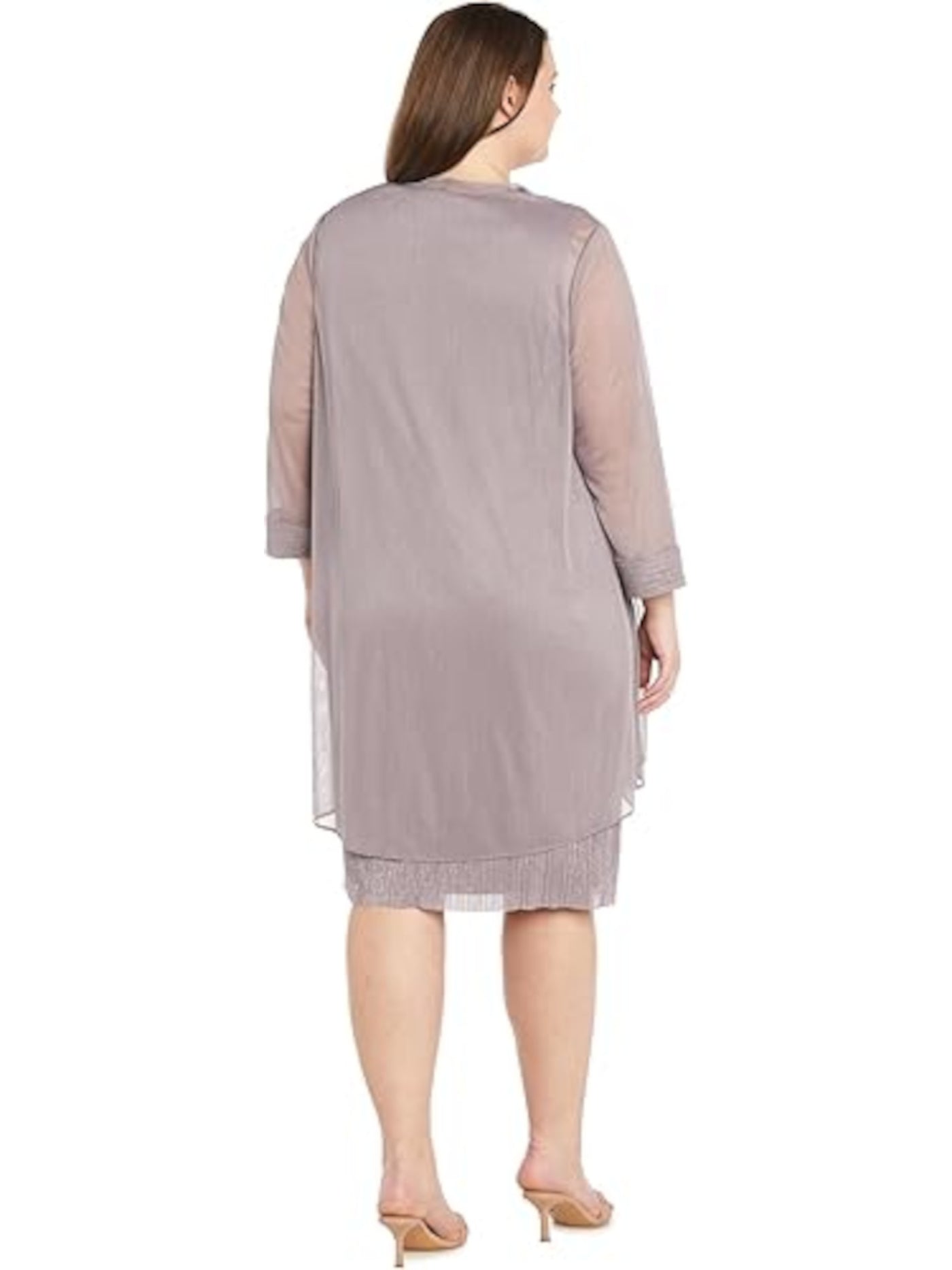R&M RICHARDS PETITE Womens Beige Embellished Lined Open Front 3/4 Sleeve Jacket Sleeveless Scoop Neck Knee Length Cocktail Shift Dress Petites 10P