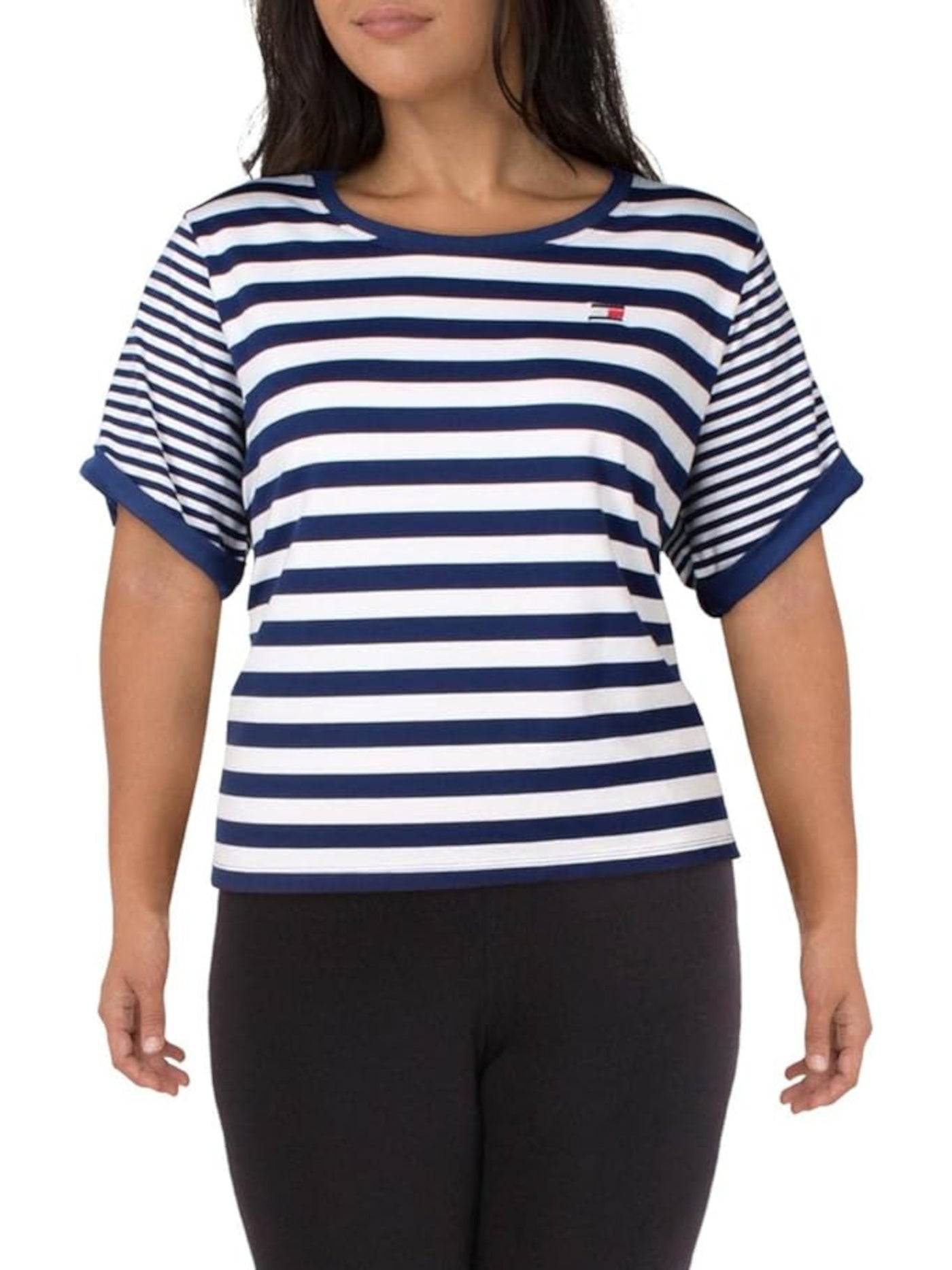 TOMMY HILFIGER SPORT Womens Blue Stretch Ribbed Striped Short Sleeve Round Neck Top Plus 0X