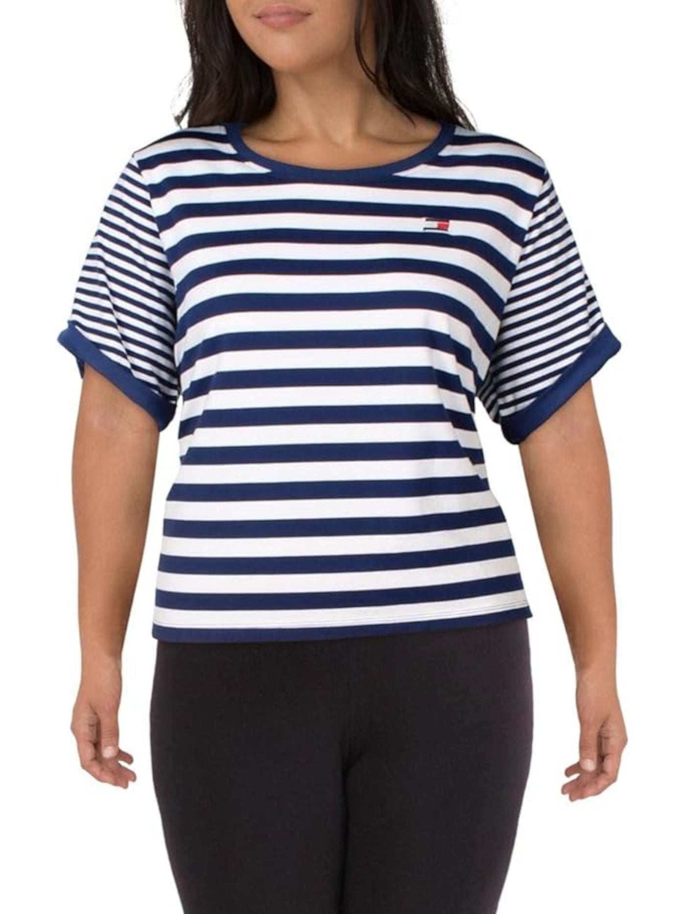 TOMMY HILFIGER SPORT Womens Blue Stretch Ribbed Striped Scoop Neck Top Plus 1X