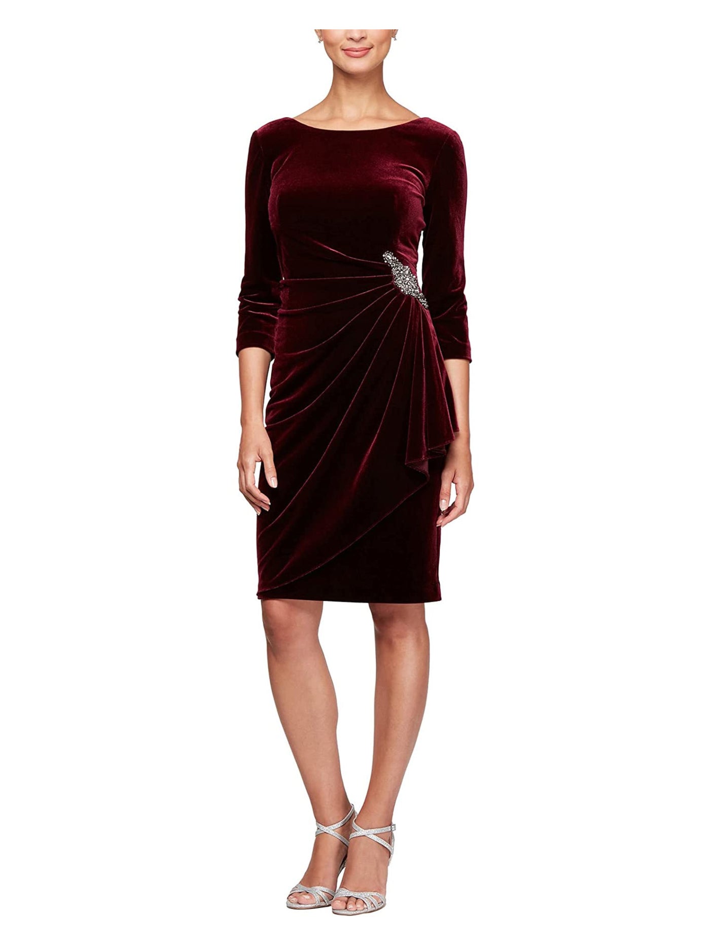ALEX EVENINGS Womens Maroon Stretch Pleated Ruched Beaded Embellishment Zippered 3/4 Sleeve Scoop Neck Knee Length Party Faux Wrap Dress 12