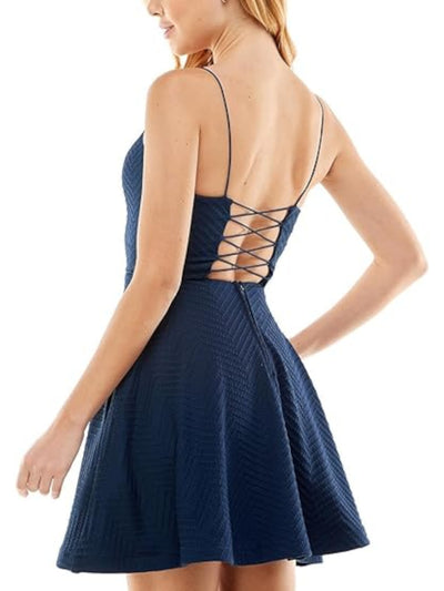 CITY STUDIO Womens Navy Pocketed Zippered Lace Up Back Padded Bust Spaghetti Strap V Neck Short Party Fit + Flare Dress 13