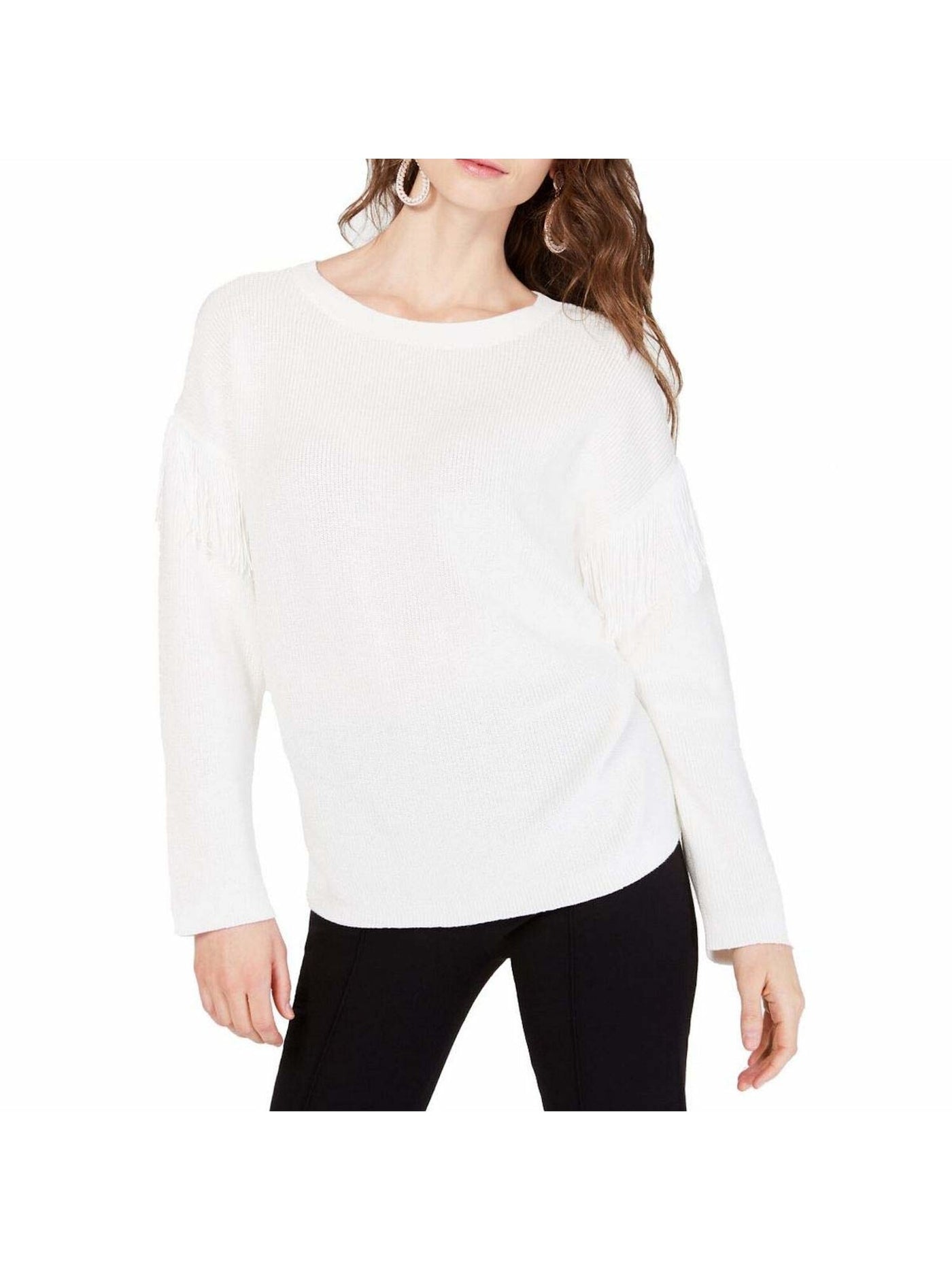 INC Womens Ivory Fringed Long Sleeve Crew Neck Sweater M