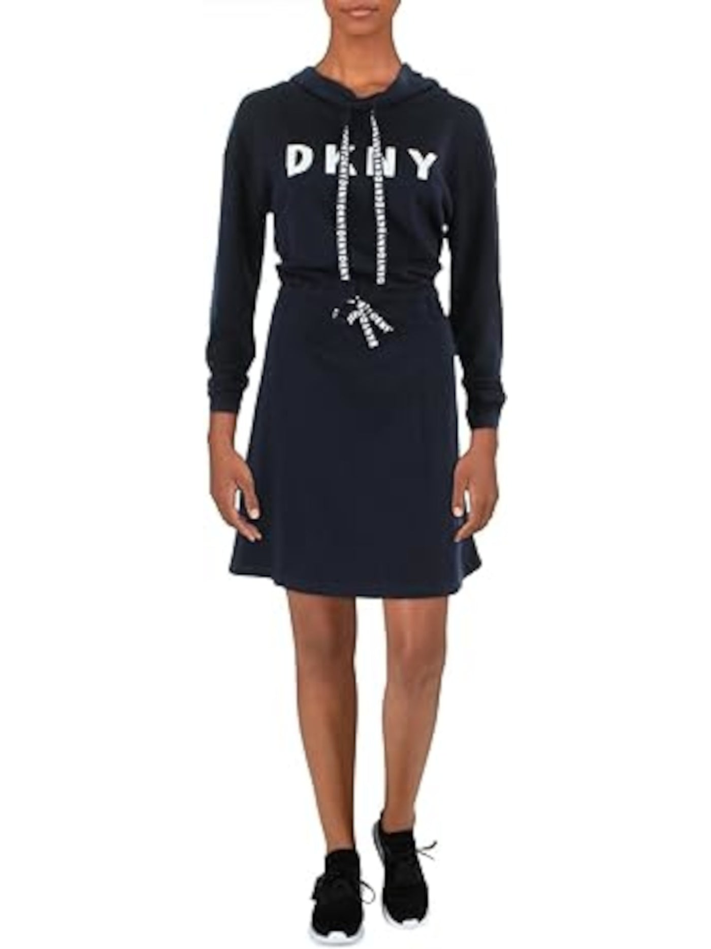 DKNY Womens Navy Logo Graphic Long Sleeve Funnel Neck Short Sweatshirt Dress S