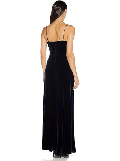 ADRIANNA PAPELL Womens Navy Zippered Pleated Draped Front Spaghetti Strap Cowl Neck Full-Length Evening Gown Dress 2