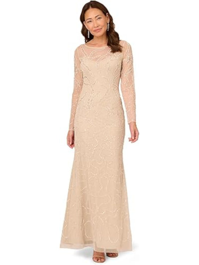 PAPELL STUDIO Womens Beige Beaded Zippered Lined Long Sleeve Boat Neck Full-Length Formal Gown Dress 6