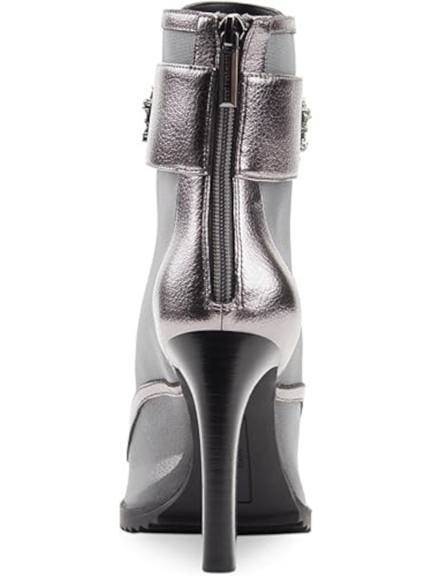 KARL LAGERFELD PARIS Womens Silver Gem Accent Metallic Padded Lug Sole Blayze Round Toe Stiletto Zip-Up Booties 5.5 M