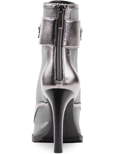 KARL LAGERFELD PARIS Womens Silver Gem Accent Metallic Padded Lug Sole Blayze Round Toe Stiletto Zip-Up Booties 5.5 M