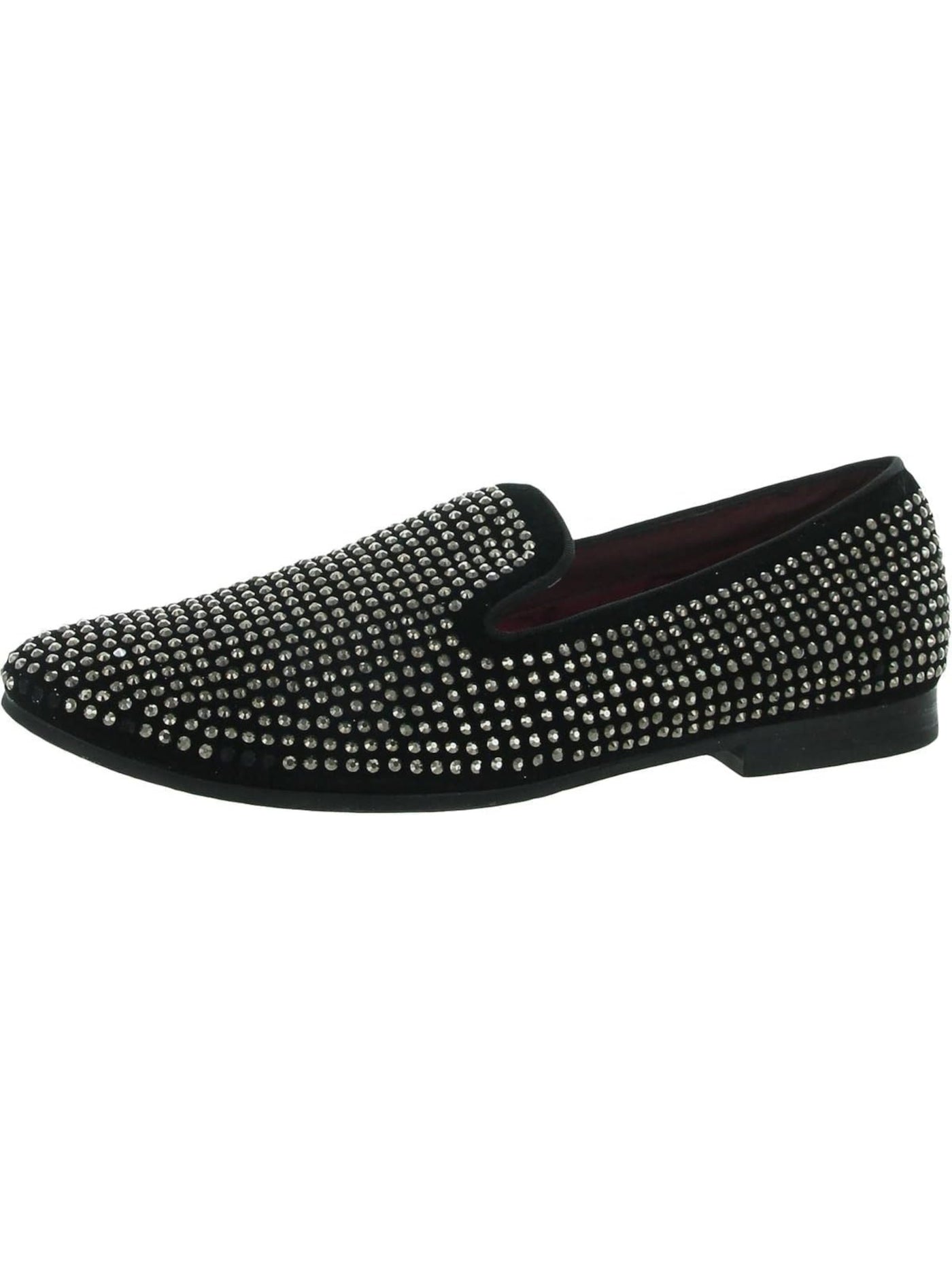 STEVE MADDEN Mens Black Notched Embellished Padded Caviar Rhinestone Almond Toe Slip On Leather Loafers Shoes 8.5