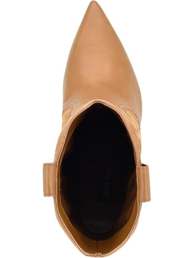 NINE WEST Womens Beige Mixed Media Dual Pull-Tabs Embroidered Padded Alama Pointed Toe Stacked Heel Dress Western Boot 8 M