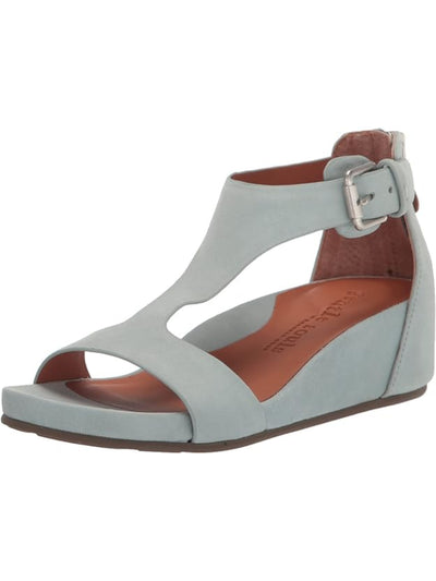 GENTLE SOULS KENNETH COLE Womens Light Blue Buckle Padded T-Strap Gisele Round Toe Wedge Zip-Up Leather Heeled Sandal 7.5 M