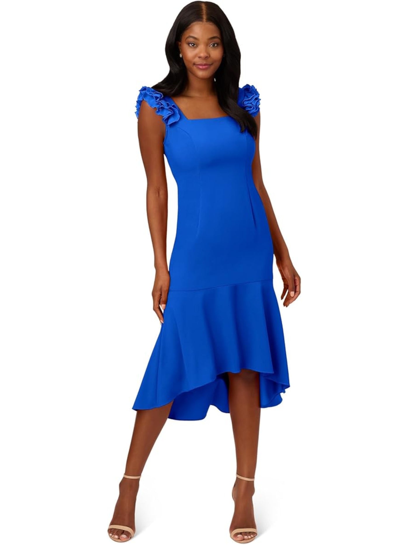 ADRIANNA PAPELL Womens Blue Ruffled Zippered Flounce Hem Lined Sleeveless Square Neck Midi Cocktail Hi-Lo Dress 4
