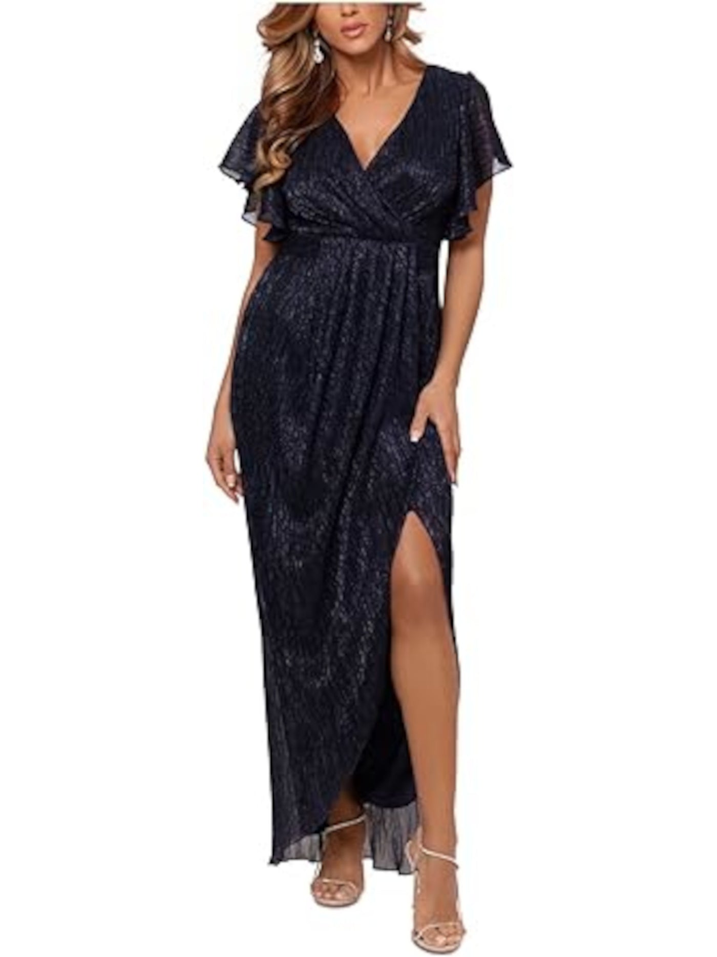 BETSY & ADAM Womens Navy Pleated Zippered High Slit Tulip-skirt Lined Flutter Sleeve V Neck Full-Length Formal Faux Wrap Dress 14