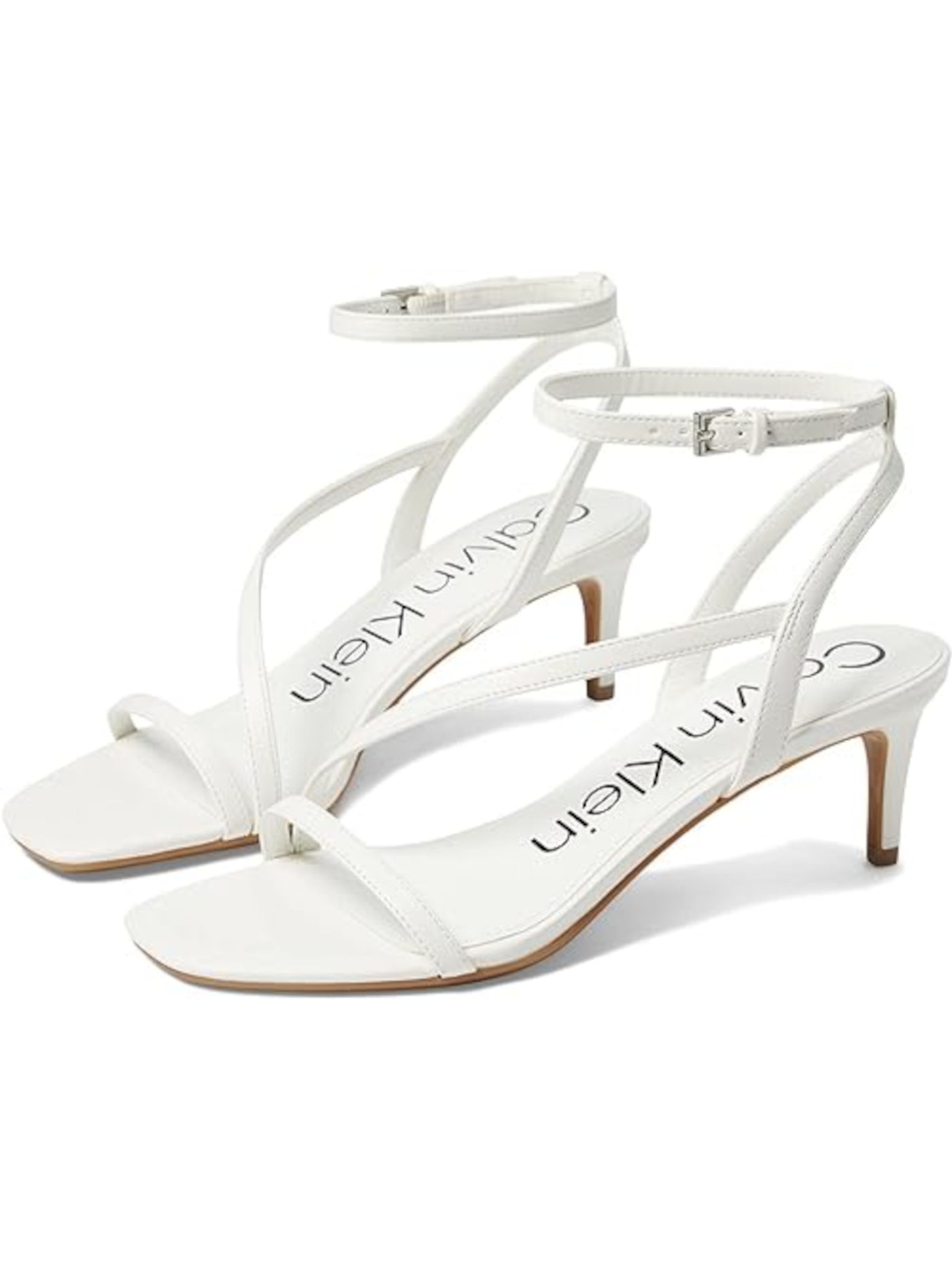 CALVIN KLEIN Womens White Ankle Strap Cushioned Iryna Square Toe Kitten Heel Buckle Heeled Sandal 9.5 M