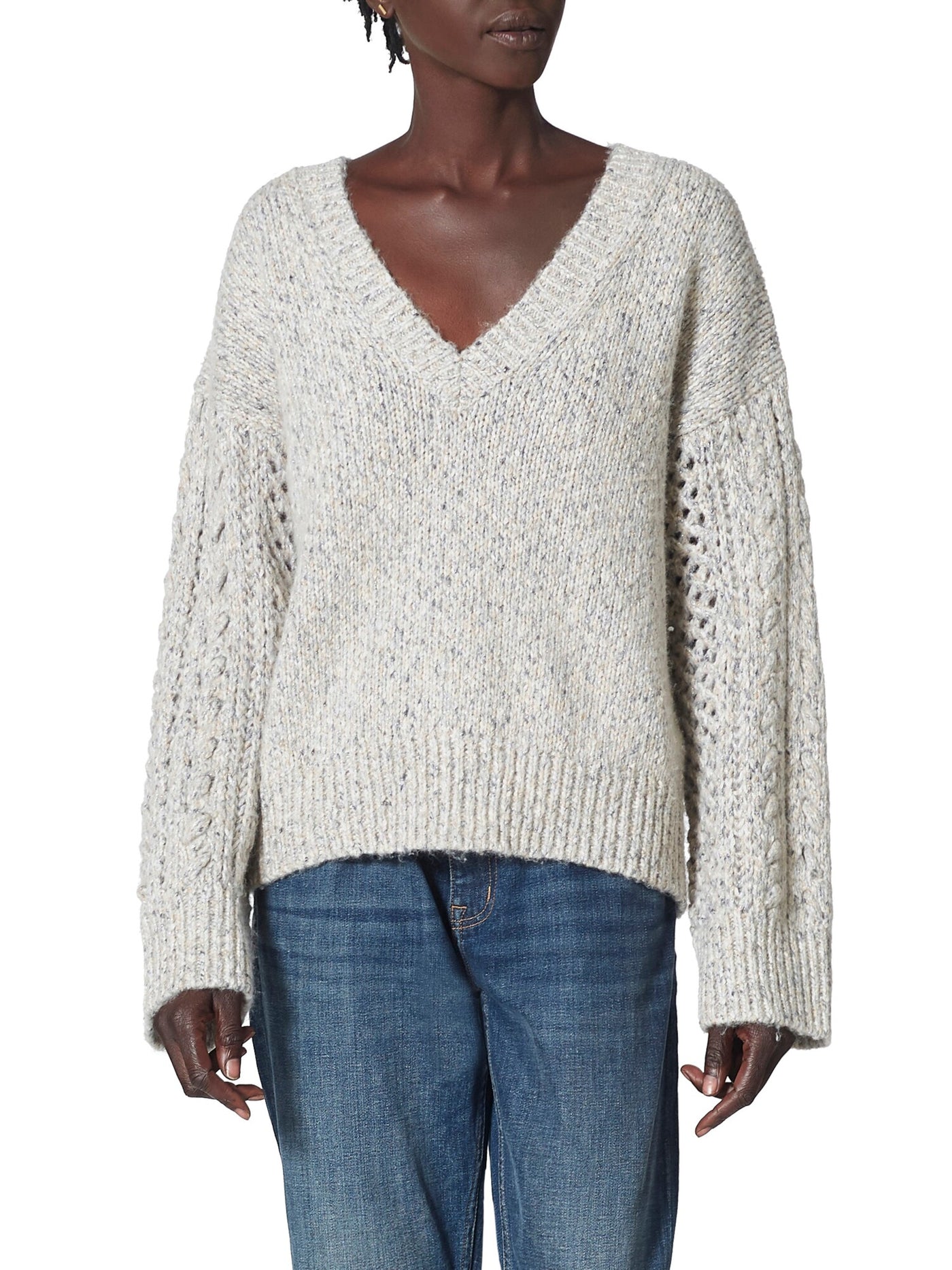 JOIE Womens Long Sleeve Mixed Stitch V Neck Sweater