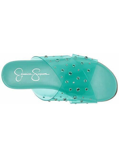 JESSICA SIMPSON Womens Turquoise Clear Vinyl Lucite Straps Studded Rhinestone Tislie Round Toe Slip On Slide Sandals Shoes M