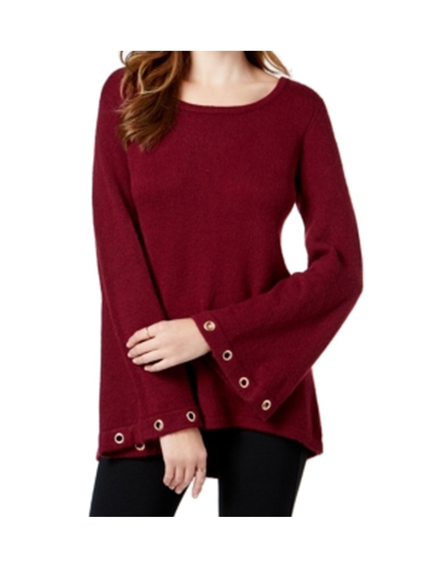 KENSIE Womens Maroon Embellished Bell Sleeve Scoop Neck Sweater Size: L
