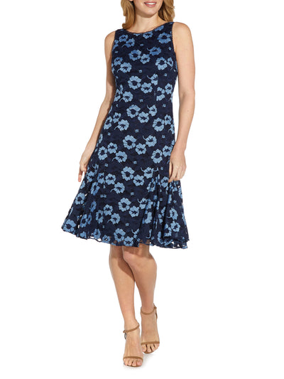 ADRIANNA PAPELL Womens Navy Lace Zippered Fitted Godets Lined Floral Sleeveless Jewel Neck Above The Knee Party Fit + Flare Dress 0