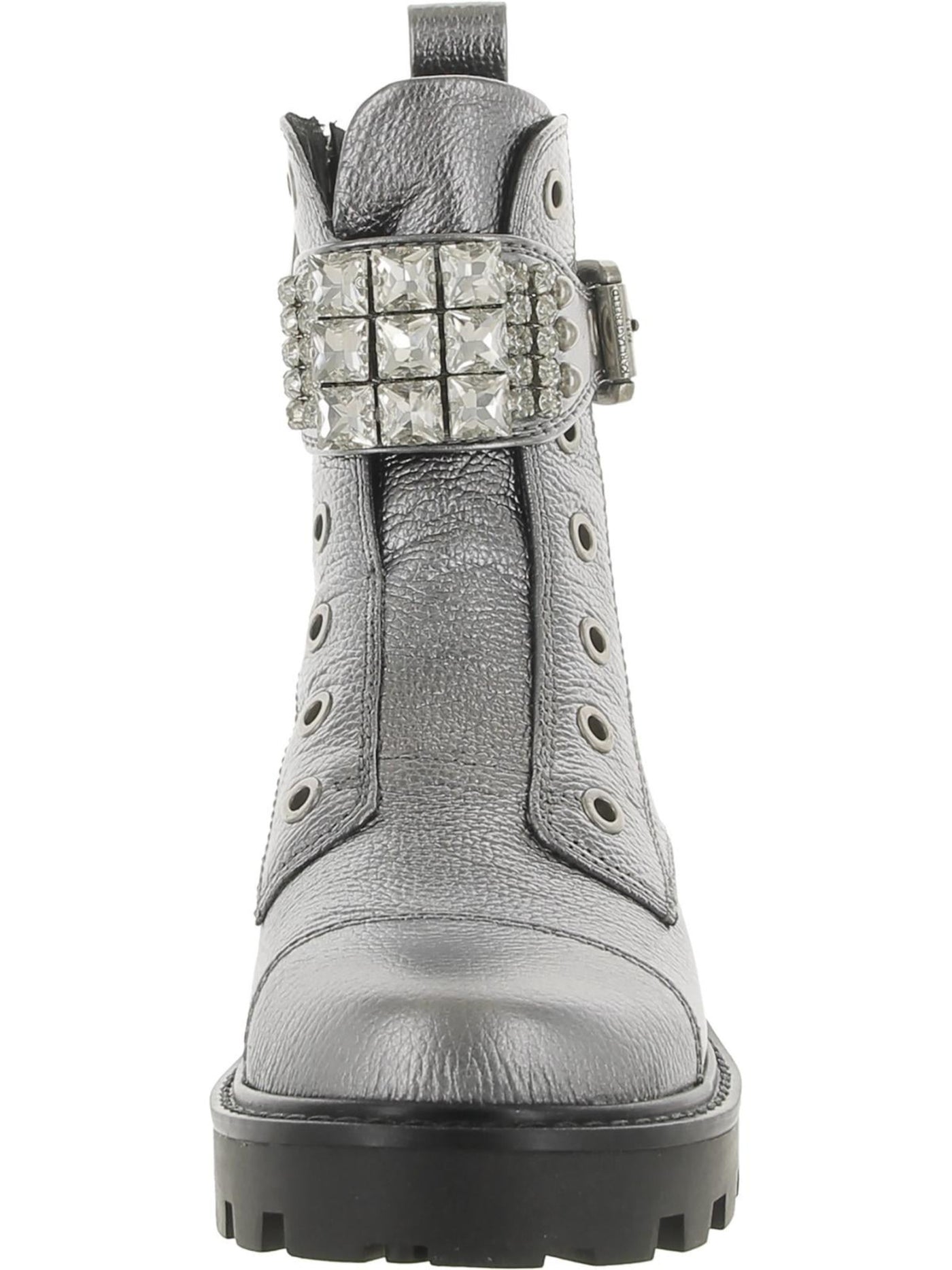 KARL LAGERFELD Womens Silver Metallic Lug Sole Padded Grommet Detail Pull Tab Buckle Accent Embellished Maeva Round Toe Block Heel Zip-Up Leather Combat Boots 11