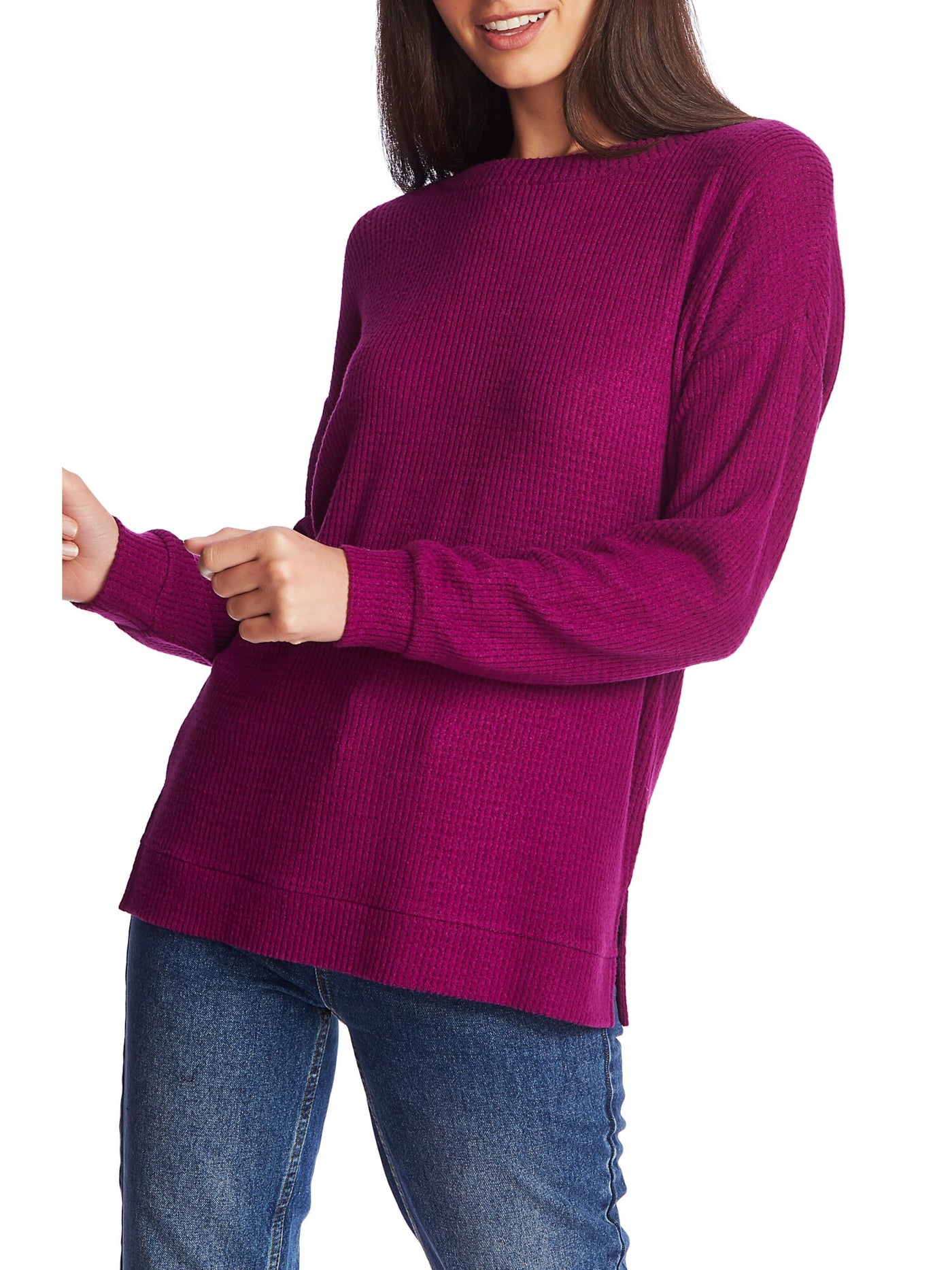 1. STATE Womens Low Back Waffle Weave Long Sleeve Jewel Neck Sweater