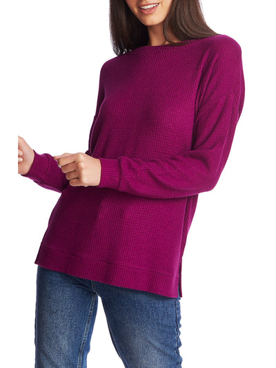 1. STATE Womens Purple Low Back Waffle Weave Long Sleeve Jewel Neck Sweater S