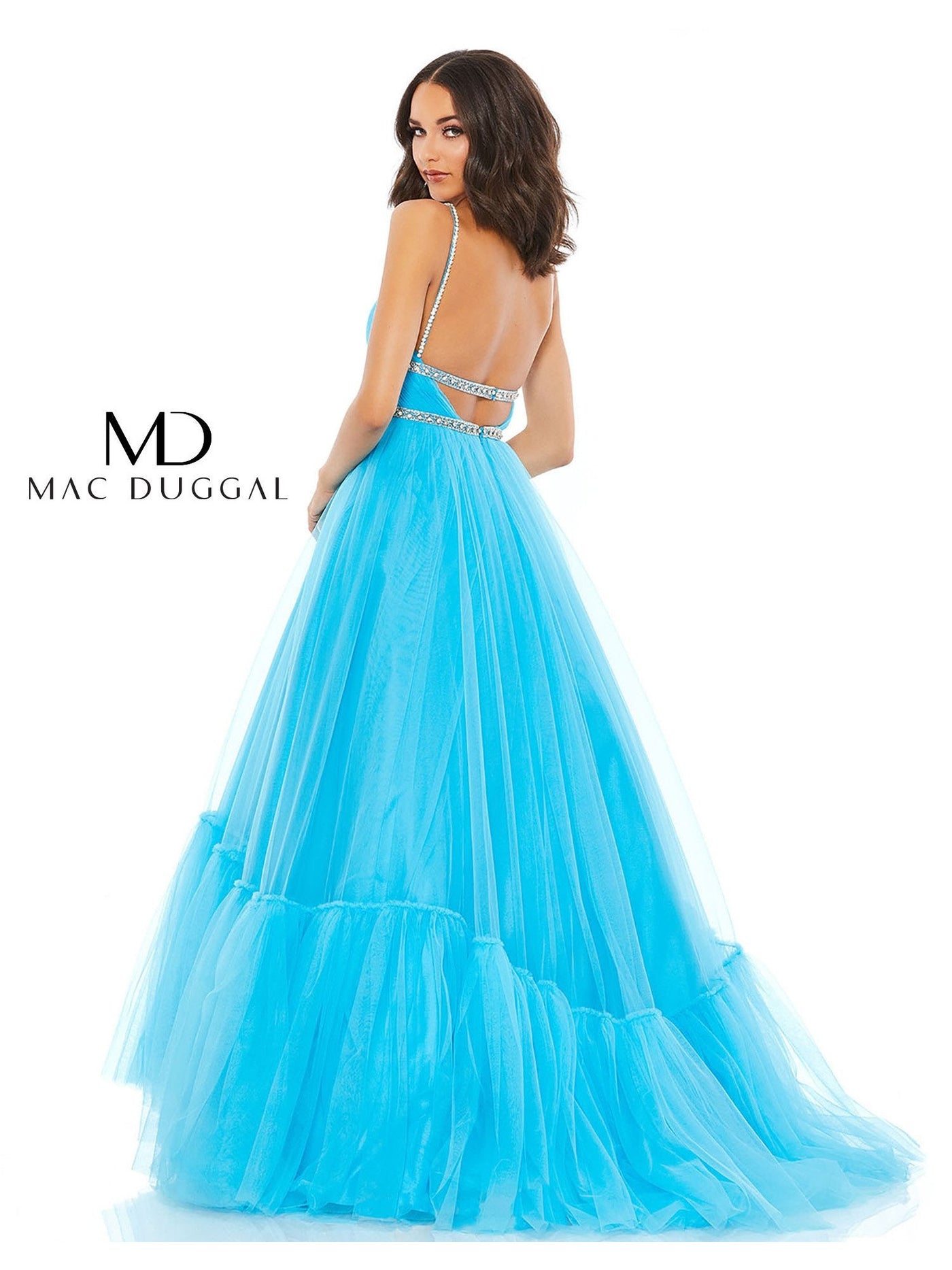 MAC DUGGAL Womens Turquoise Pleated Zippered Tiered Embellished Lined Sleeveless V Neck Full-Length Prom Gown Dress 8
