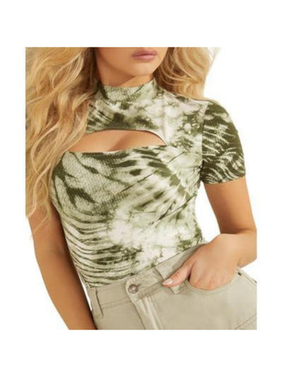 GUESS Womens Green Cotton Blend Cut Out Printed Short Sleeve Mock Neck Crop Top XS
