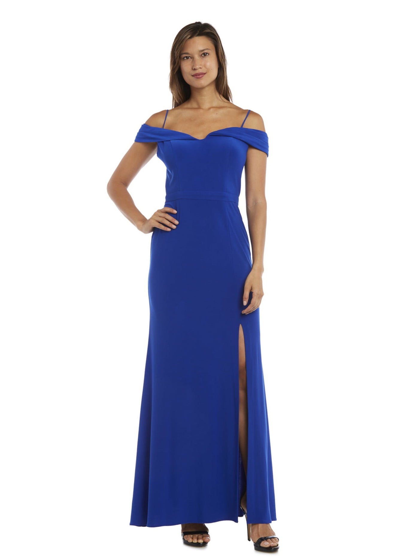 MORGAN & CO Womens Blue Slitted Lace Short Sleeve Off Shoulder Maxi Evening Sheath Dress 9\10