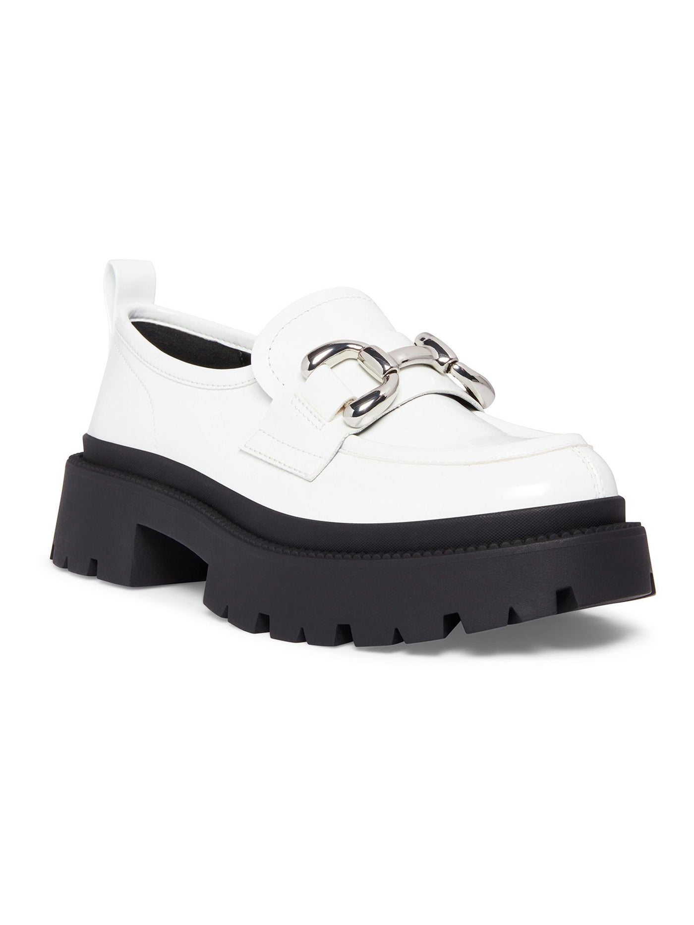 MADDEN GIRL Womens White 1" Platform Bit Buckle Hardware Back Pull-Tab Treaded Lug Sole Padded Ashlee Round Toe Block Heel Slip On Dress Loafers Shoes 7.5 M