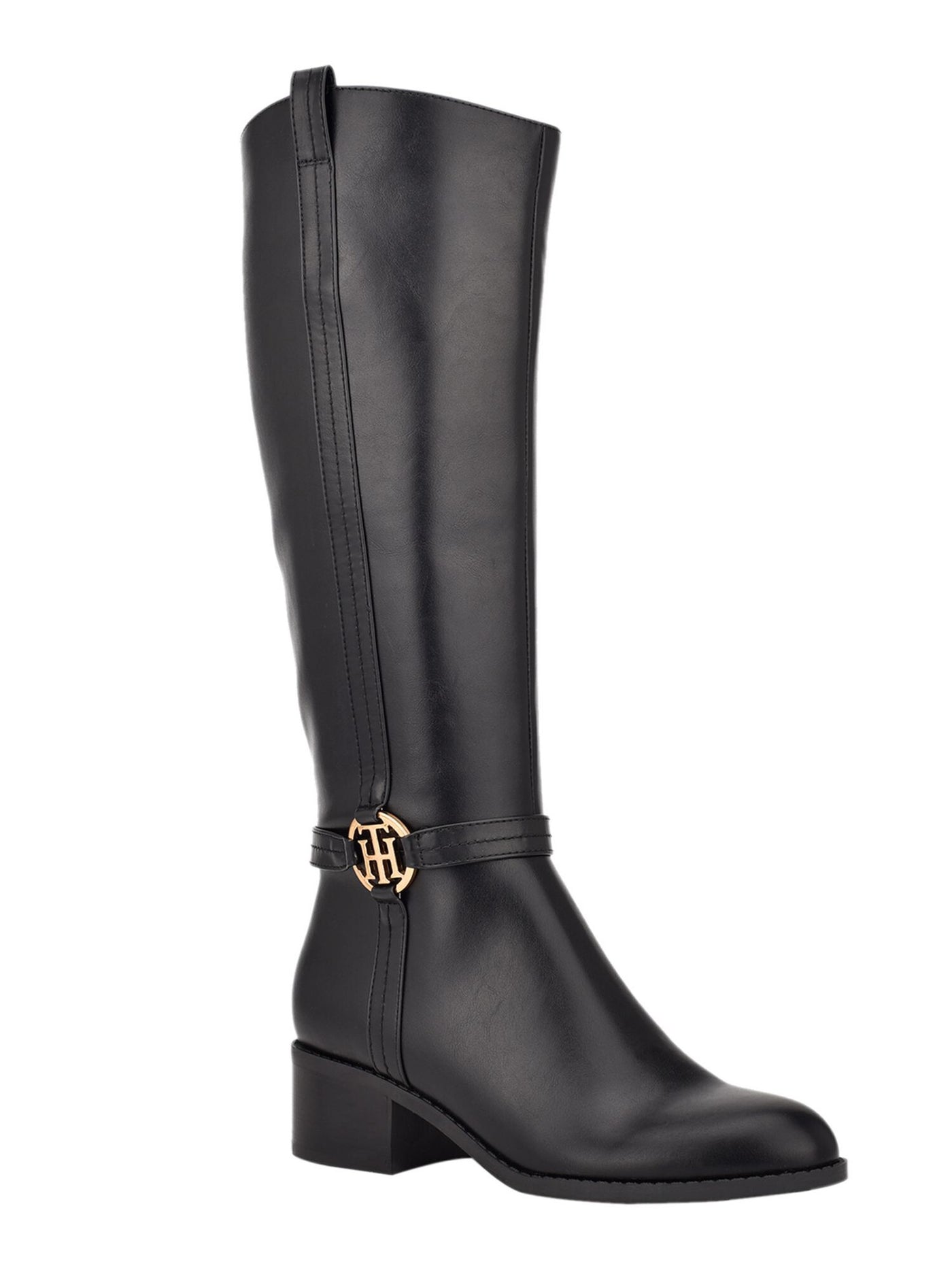 TOMMY HILFIGER Womens Black Metallic Signature Ornament Stretch Gore Padded Diwan Almond Toe Block Heel Zip-Up Riding Boot 8 M