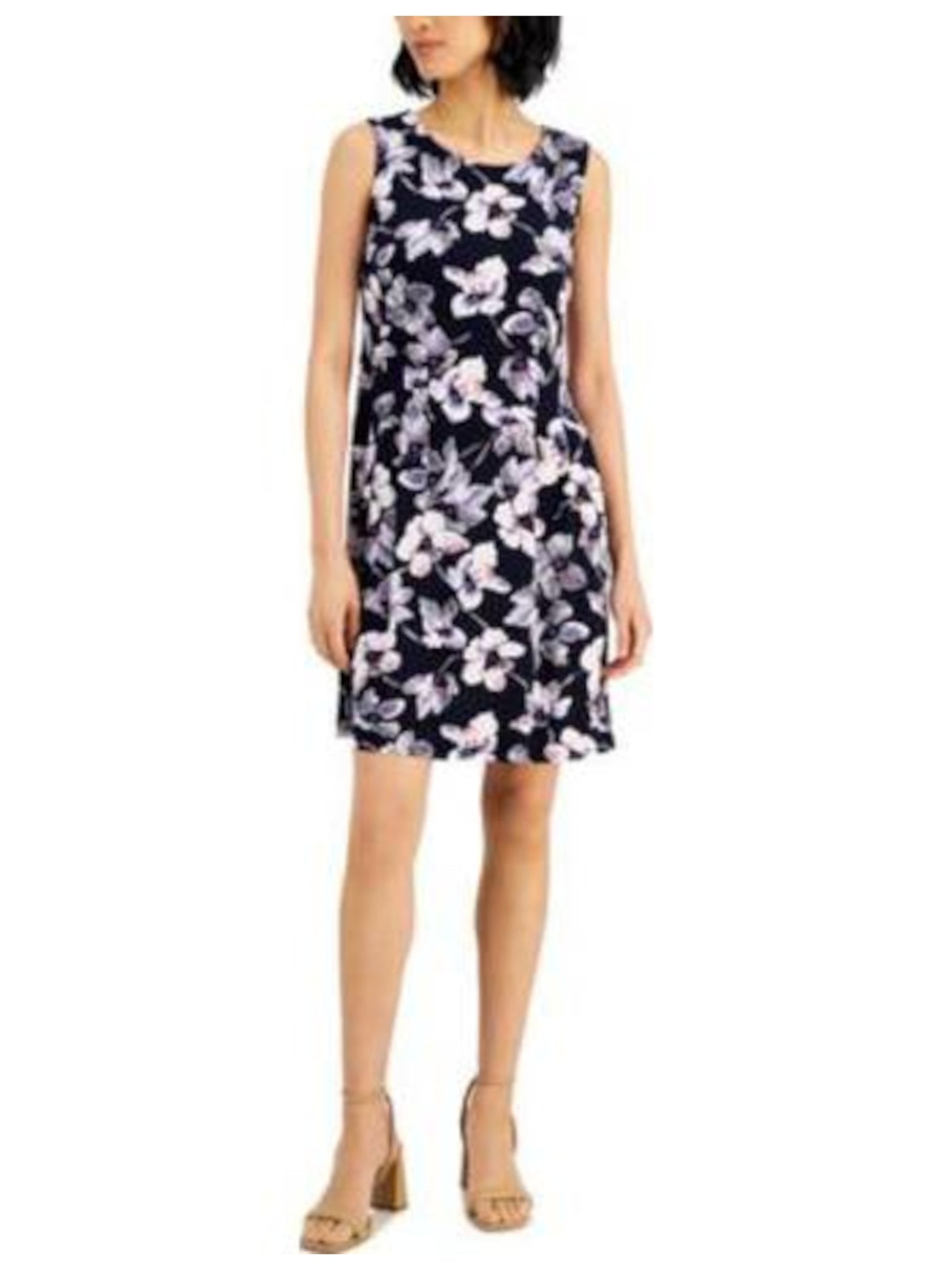CONNECTED APPAREL Womens Navy Jersey Pleated Lined Hidden Zipper Slit Pockets Floral Sleeveless Round Neck Above The Knee Evening Fit + Flare Dress 6