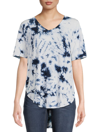 TIME AND TRUE Womens Navy Tie Dye Short Sleeve V Neck Tunic Top M