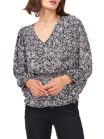 VINCE CAMUTO Womens Black Smocked Unlined Pullover Animal Print 3/4 Sleeve V Neck Wear To Work Blouse S