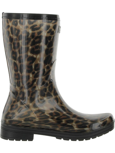 REACTION KENNETH COLE Womens Brown Animal Print Buckle Accent Padded Water Resistant Lug Sole Rain Buckle Round Toe Block Heel Rain Boots 10 M