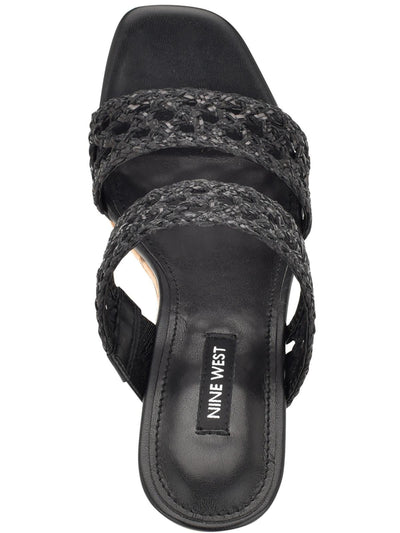 NINE WEST Womens Black 1-1/2" Cork-Like Platform Woven Padded Kalani Square Toe Wedge Slip On Heeled Sandal 9 M