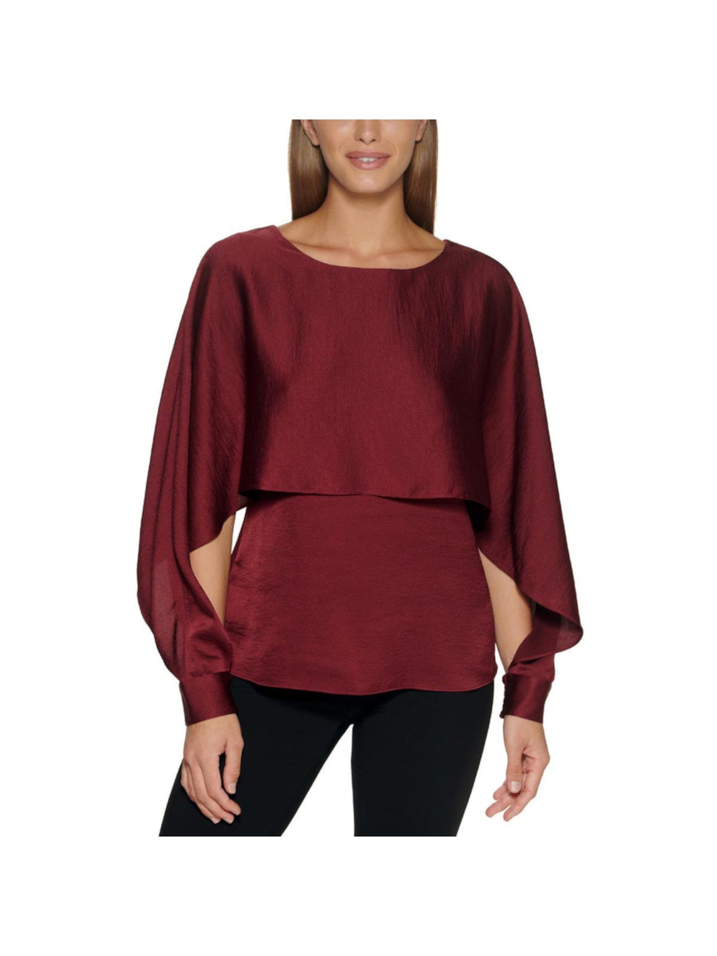 DKNY Womens Burgundy Smocked Long Split Sleeves Cape Style Round Neck Top S